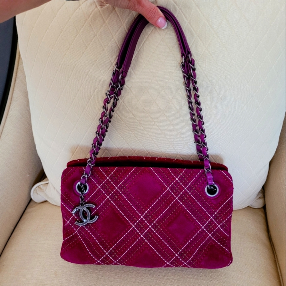 Chanel Authentic Rare Saltire Stitched Suede Shoulder Bag